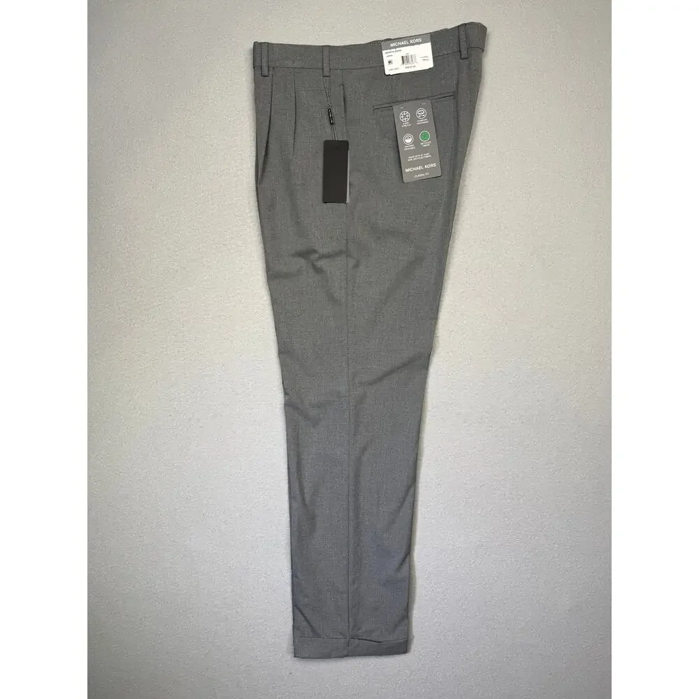 Michael Kors Men's Pleated Solid Classic Fit Pants Grey 35X32 $98